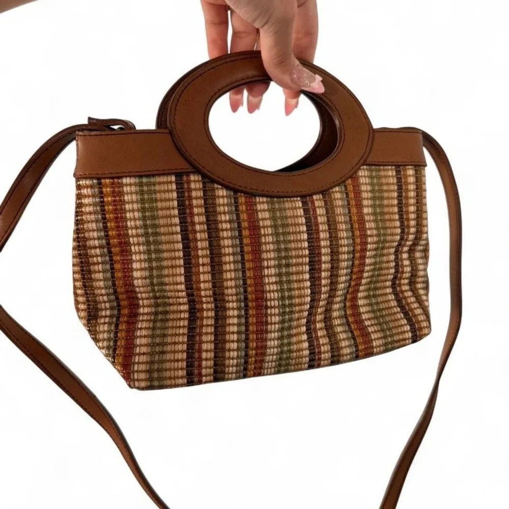 Fossil brown + tan striped handbag with funky‎ handle and strap